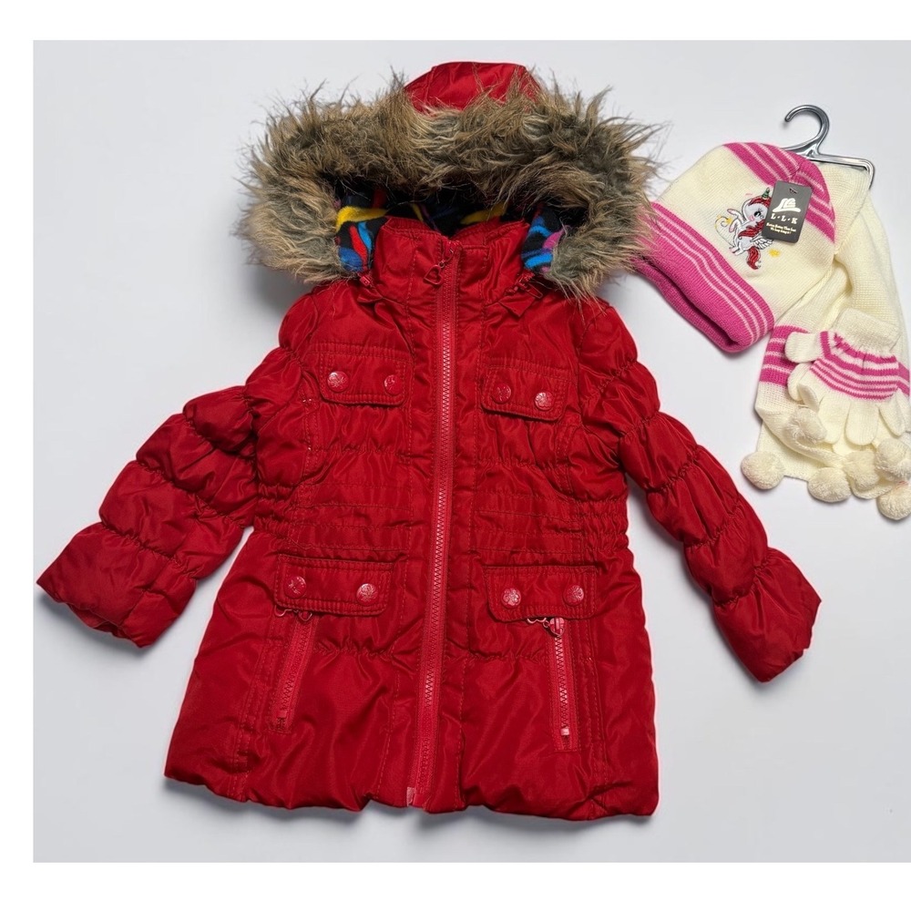 Urban Republic Girls Red Puffer Jacket Faux Fur Hood Fleece Lined 24M Set
